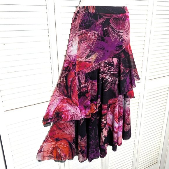 FUZZI Italy Tiered Ruffle Skirt Small Red Pink Maxi Mesh Tulle